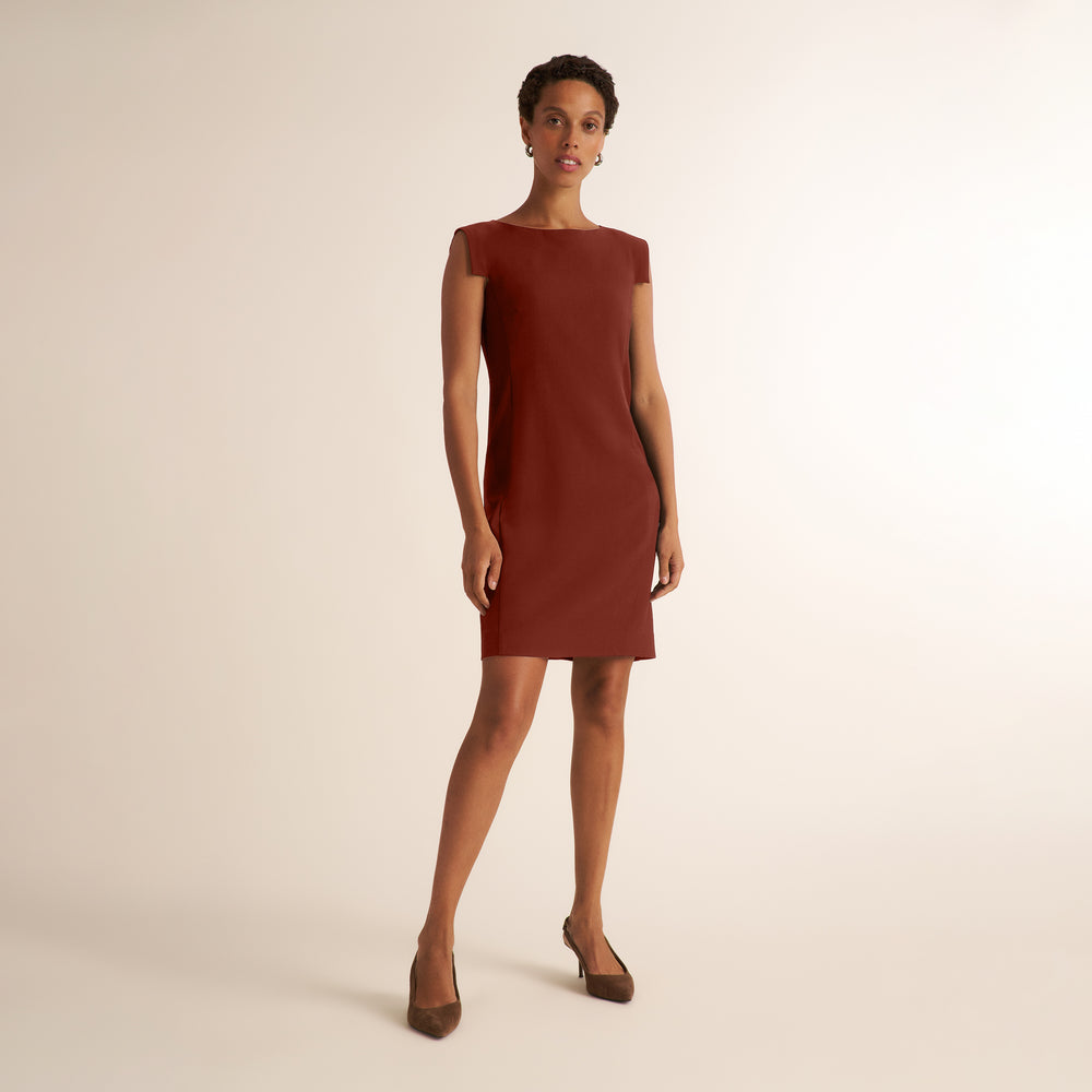 A woman modeling a sleeveless, boat-neck shift dress in a deep rust red color, paired with brown pointed-toe heels, against a solid light beige studio background.