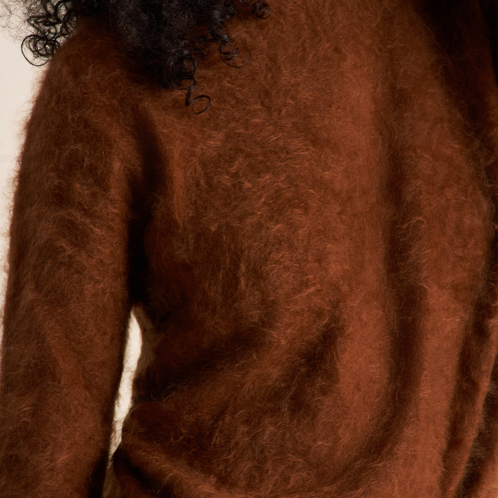 Close-up of a person wearing a fuzzy brown sweater, showing the textured fabric and part of the dark curly hair against a light background.