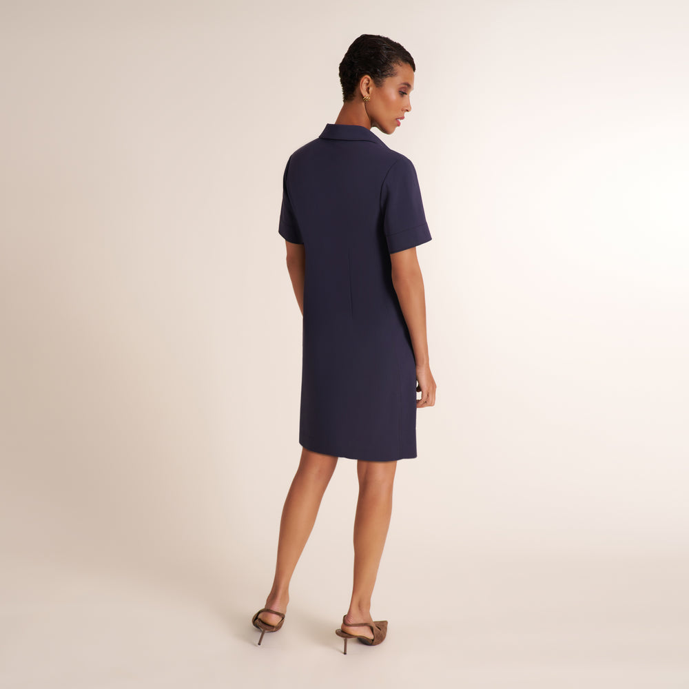 Woman wearing a collared short sleeve shift dress with covered buttons and pockets