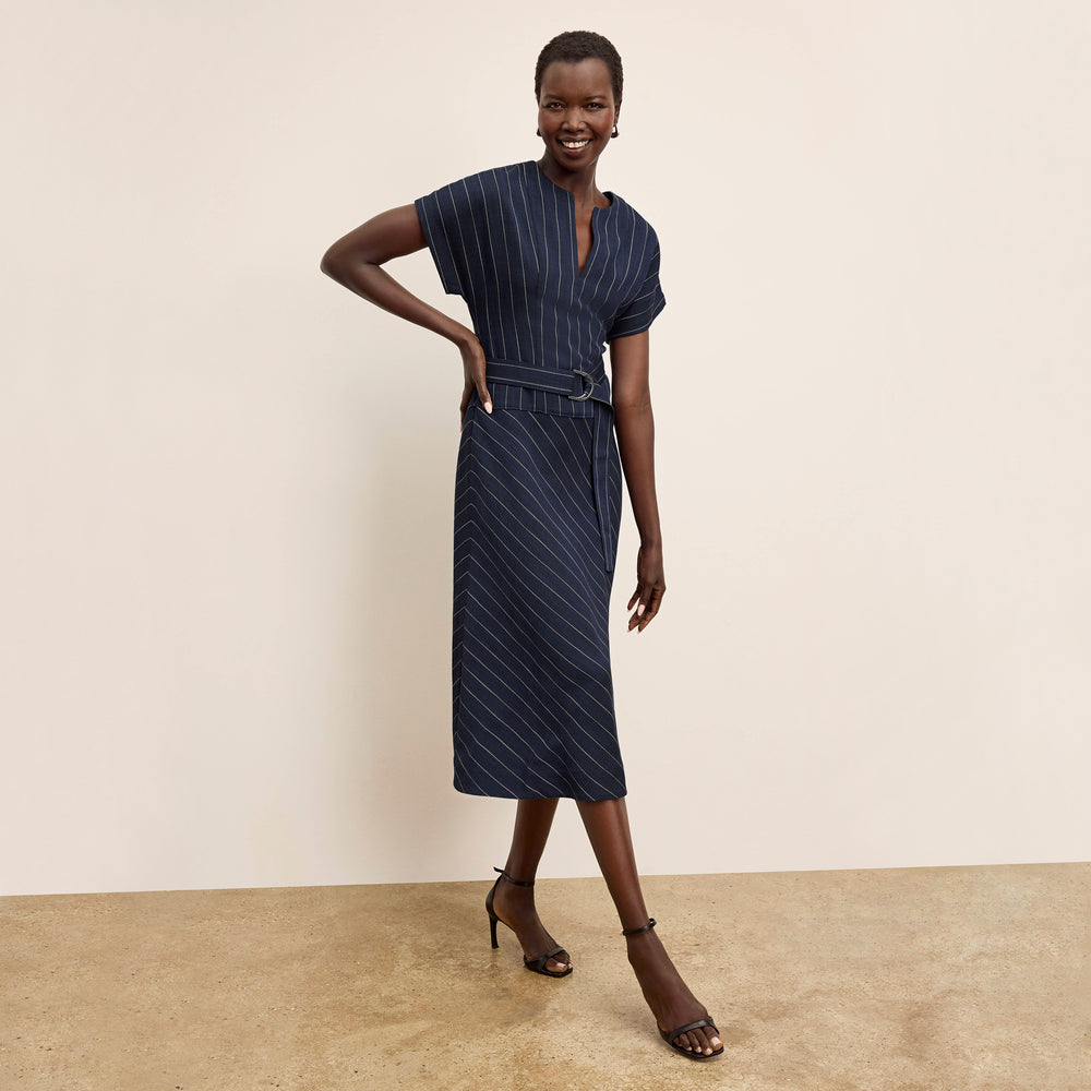 Front image of a woman wearing the Cereah Dress in Porto Weave