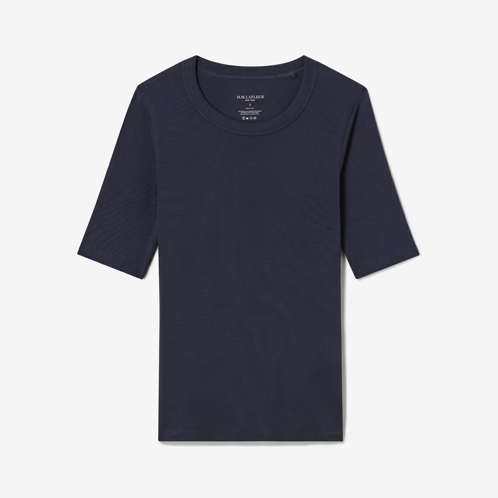 Packshot image of a crew neck short sleeve navy t-shirt