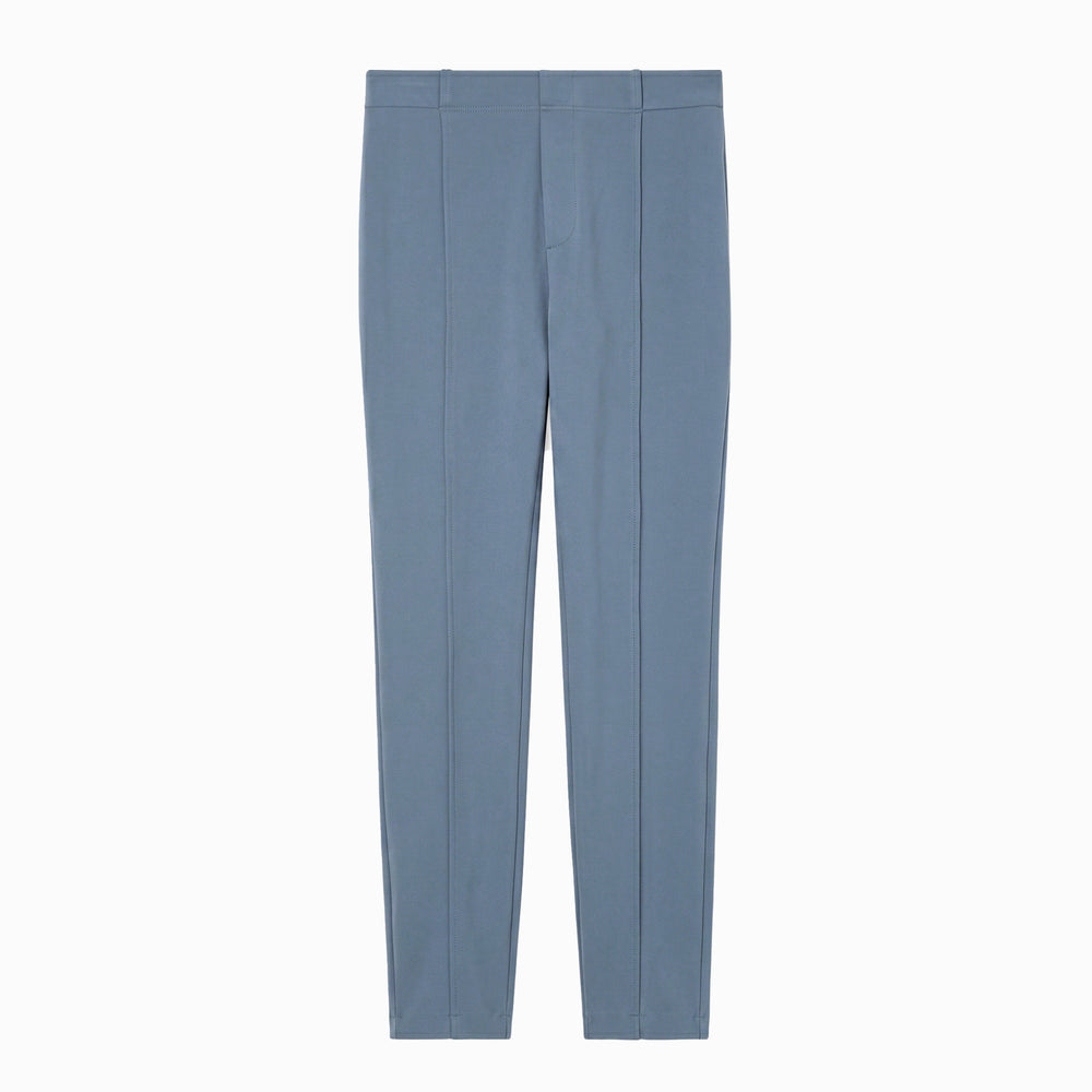 A pair of light blue, structured trousers with front creases, shown flat against a plain white background.
