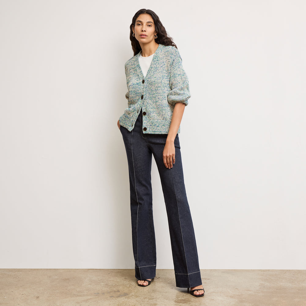 front image of a woman wearing the dakota sweater in multi