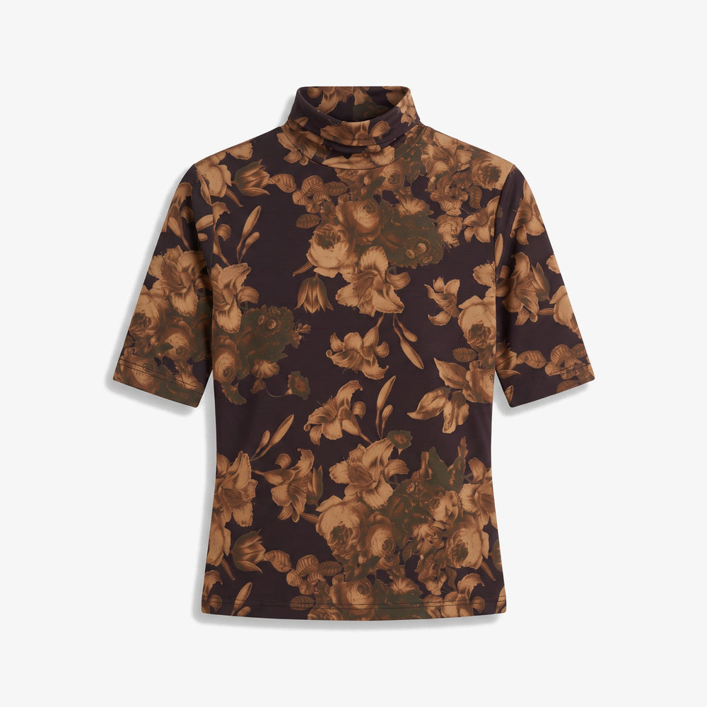 A short-sleeve mock neck top featuring a brown and beige floral pattern on a dark background, displayed flat against a light gray backdrop.