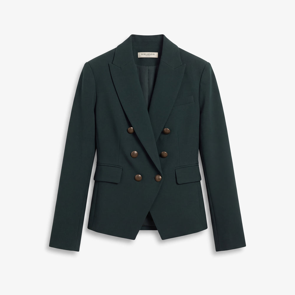 A dark forest green double-breasted blazer with brown buttons, displayed on a clean white background.