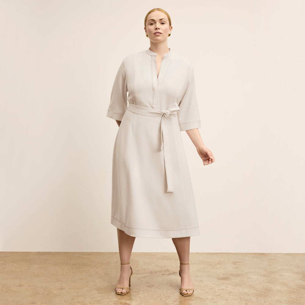 front image of a woman wearing the laueleh dress in eggshell