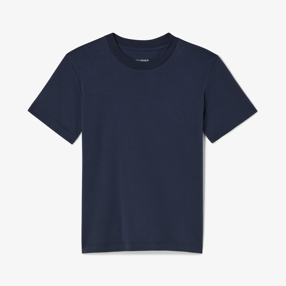 Navy blue t-shirt on a white background