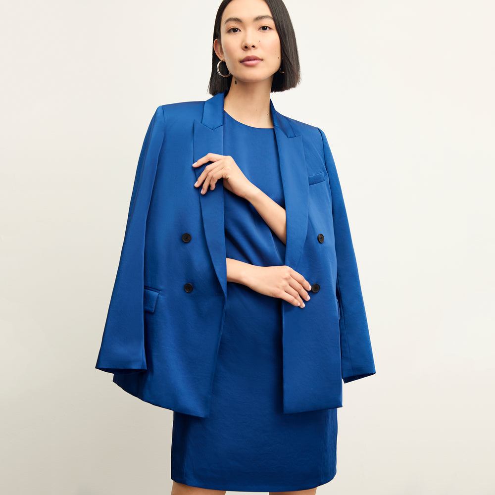 front image of a woman wearing the o'hara jacket in sapphire
