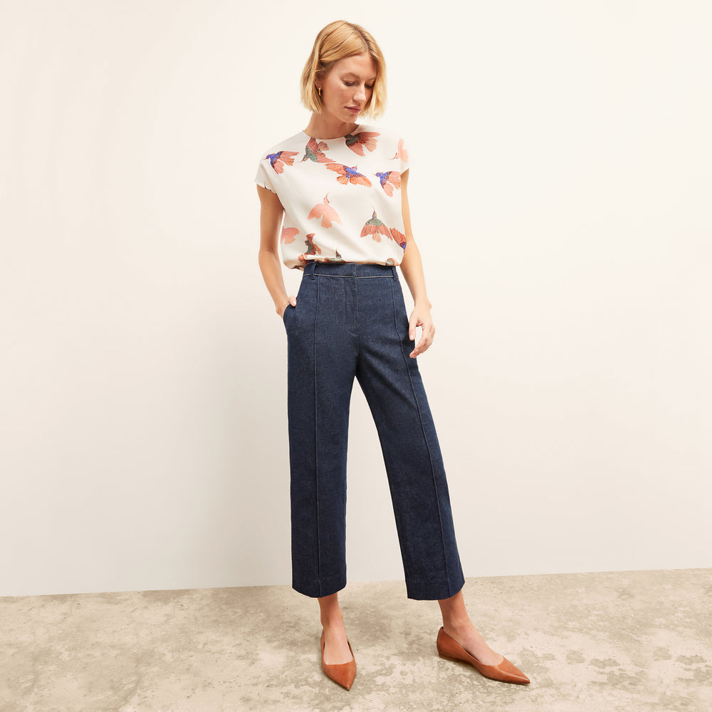 front image of a woman wearing the christy pant in dark wash