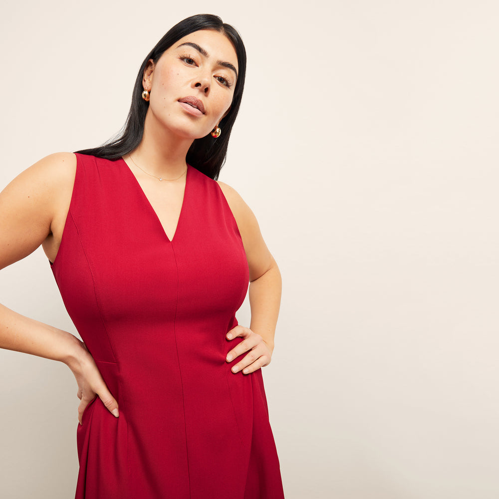 front image of a woman wearing the jaycie dess in rhubarb