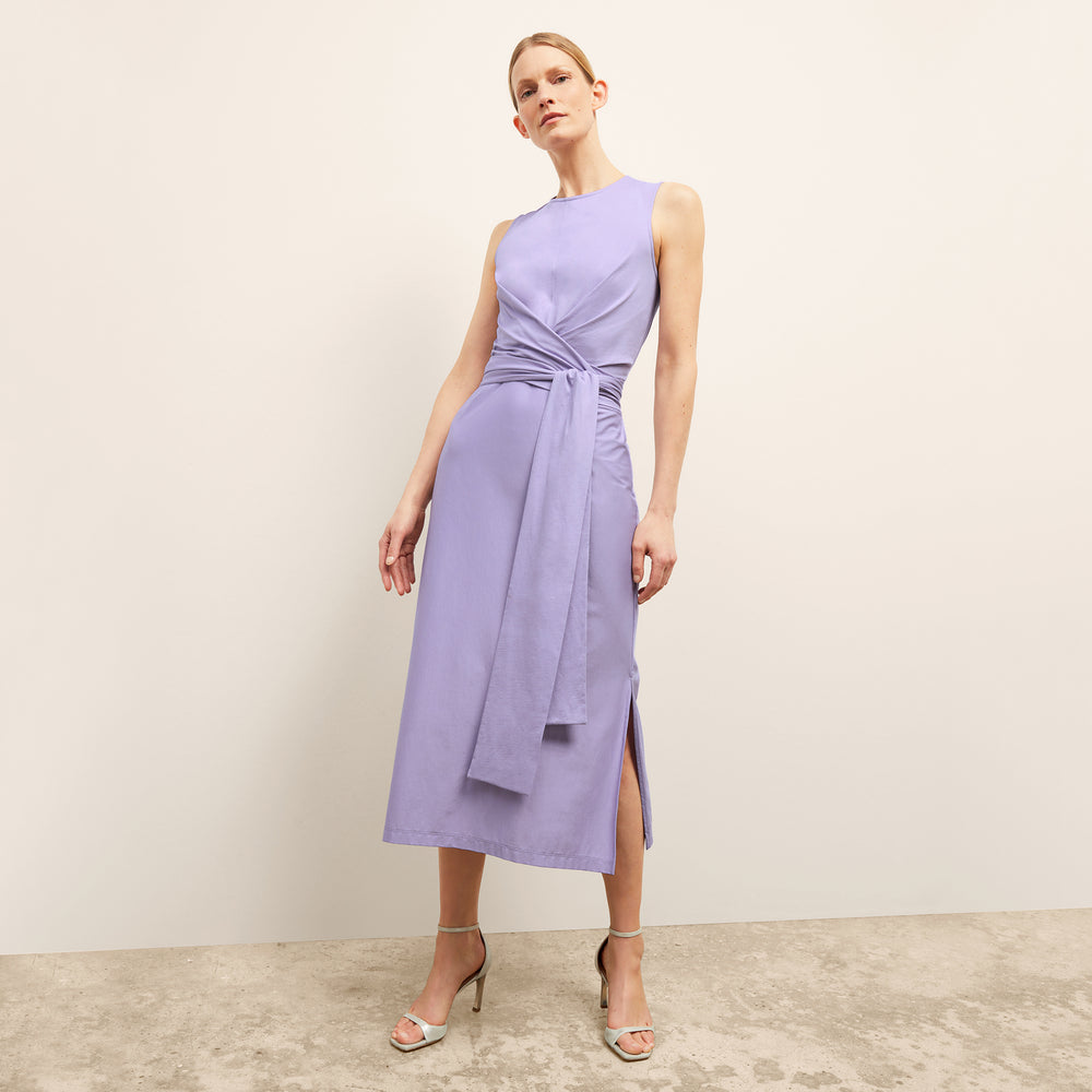 front image of a woman wearing the monte dress in light orchid
