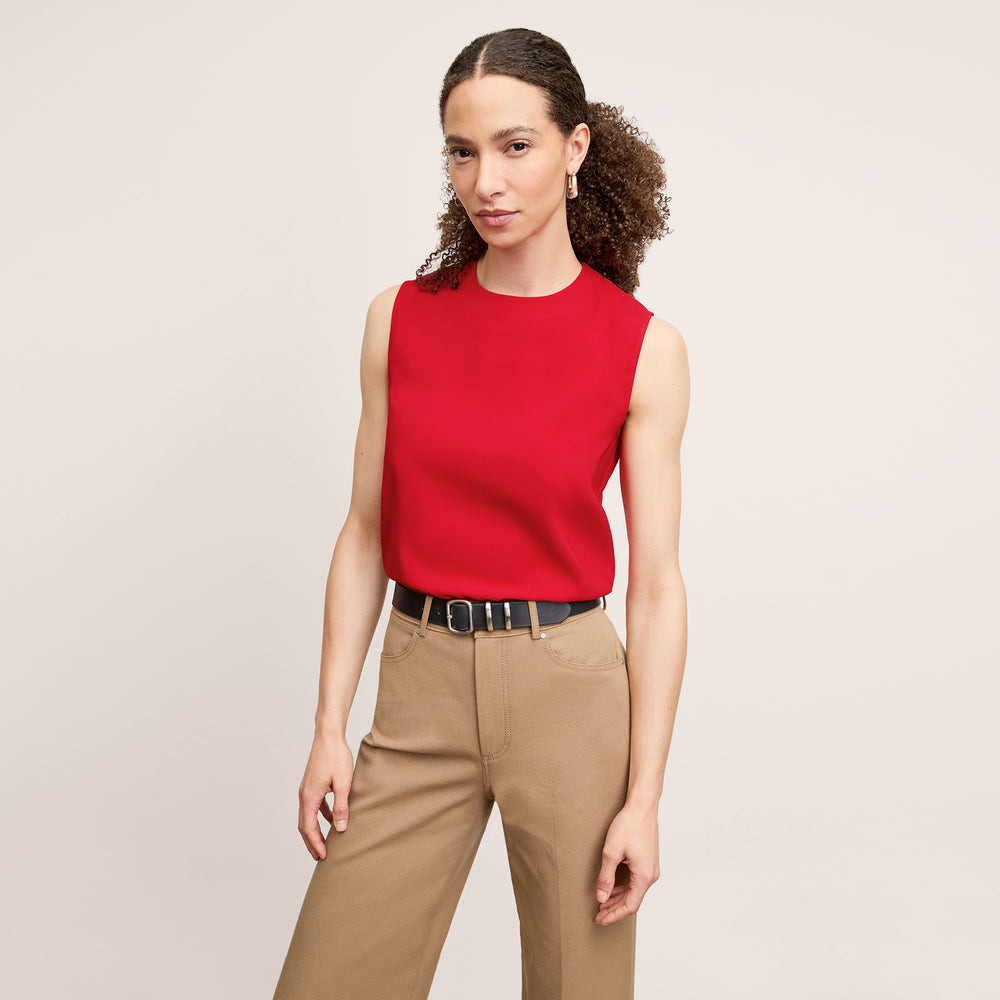 front image of a woman wearing the katrina top in maraschino