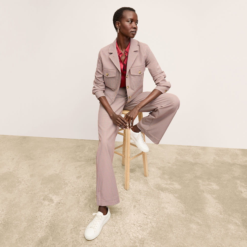 Front image of a woman wearing the Rhoda Jacket in Stretch Twill Mini Check