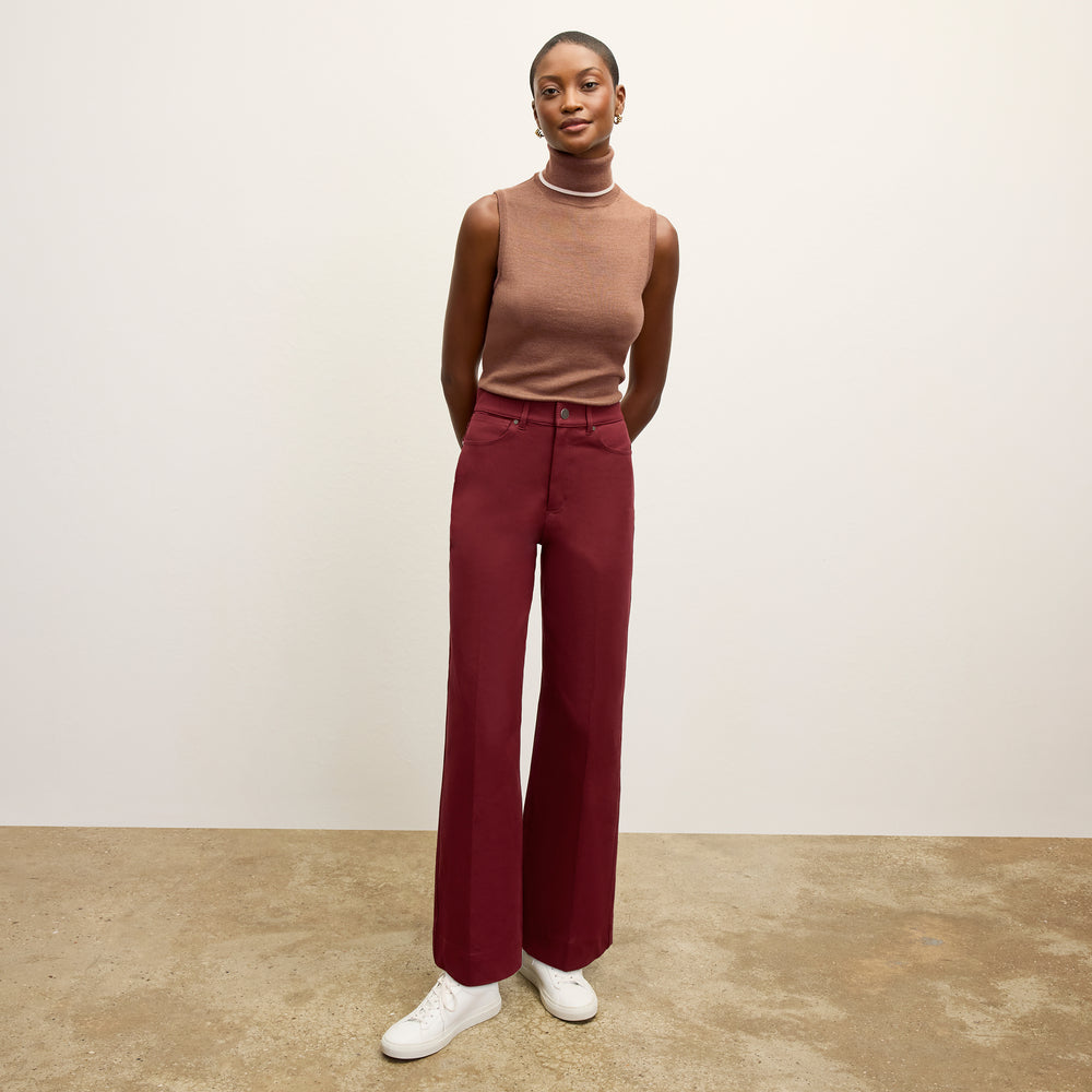 front image of a woman wearing the milo jean in berry jam