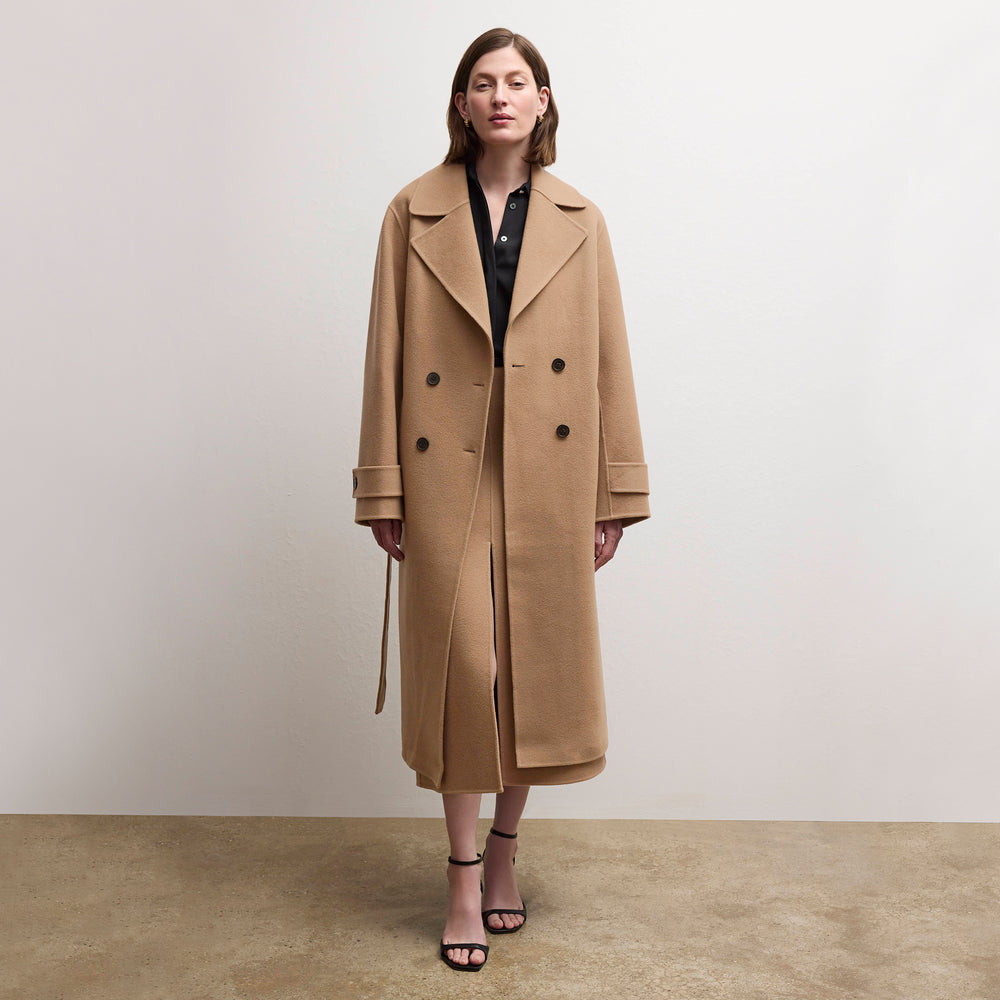 front image of a woman wearing the kerri skirt in camel