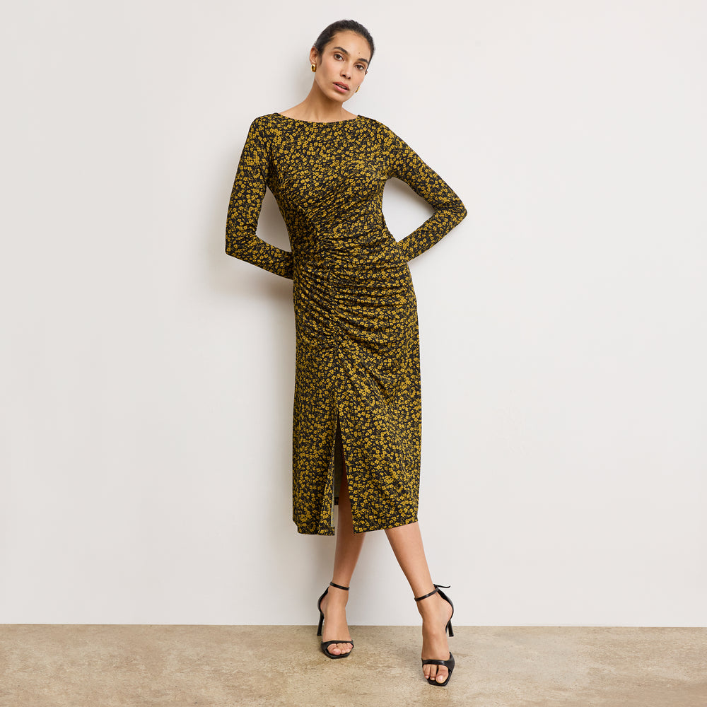 front image of a woman wearing the rani dress in bloom print