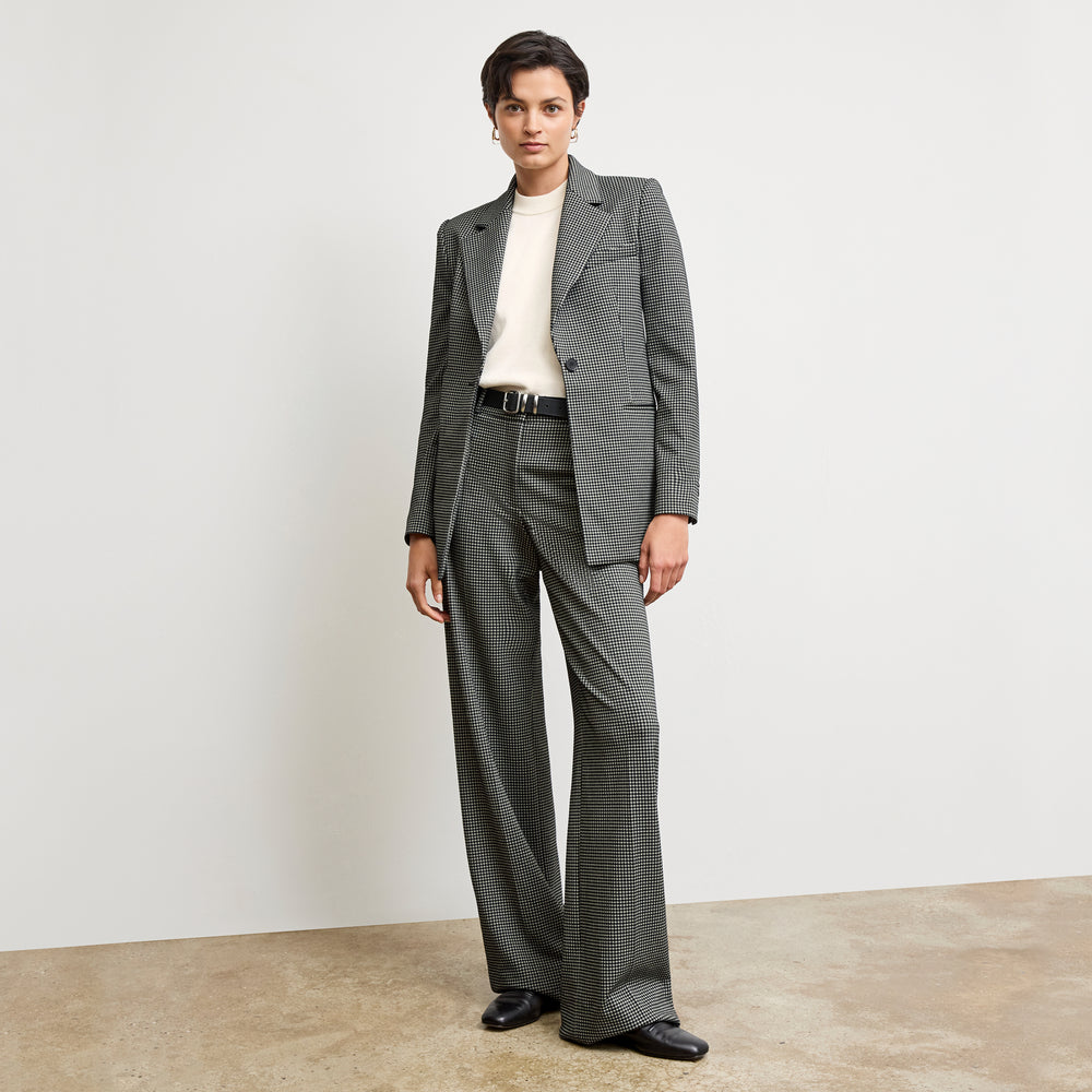 front image of a woman wearing the Tinsley Trousers in Classic Check