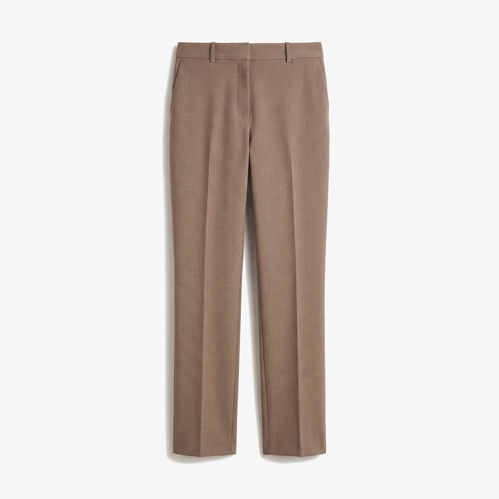 A pair of straight-leg trousers in a warm taupe-brown color, shown flat against a clean white background.