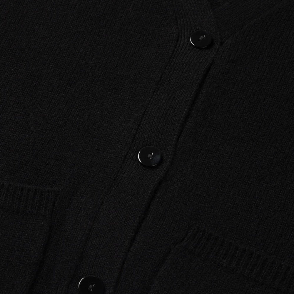 Close-up of a black cardigan with buttons on a plain background