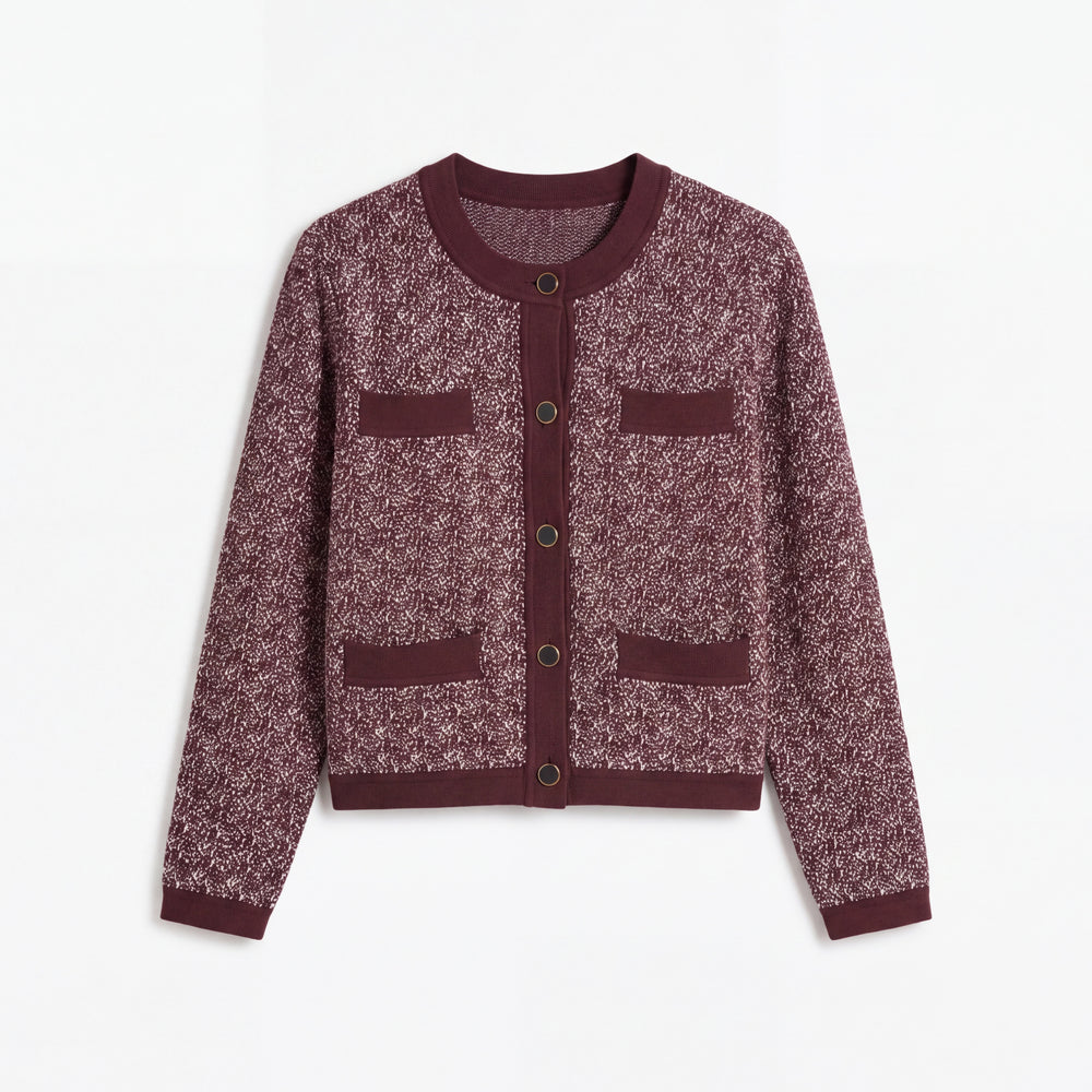 A women's cropped cardigan sweater in a marled burgundy and white tweed pattern, featuring solid burgundy trim, a button-up front, and two front patch pockets, shown flat on a white background.