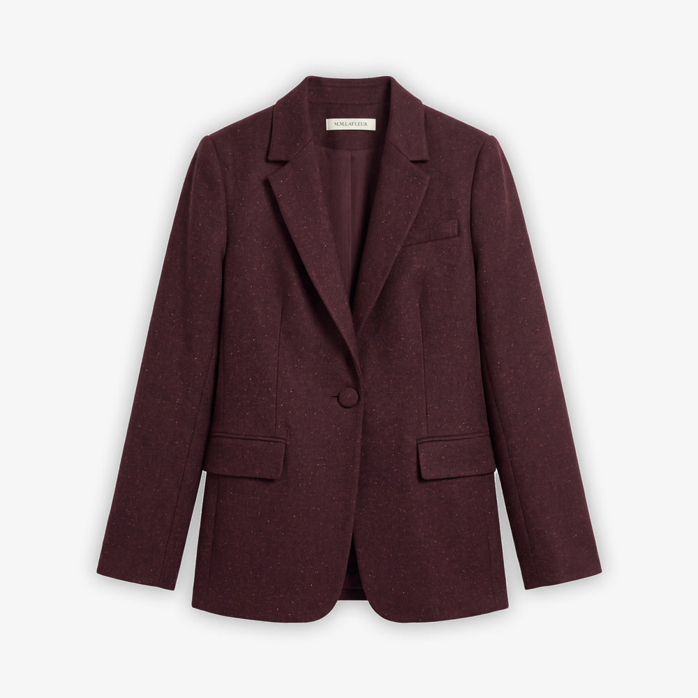 A single-breasted blazer in a dark burgundy heathered fabric, featuring notch lapels, a single button closure, and flap pockets, shown against a plain white background.