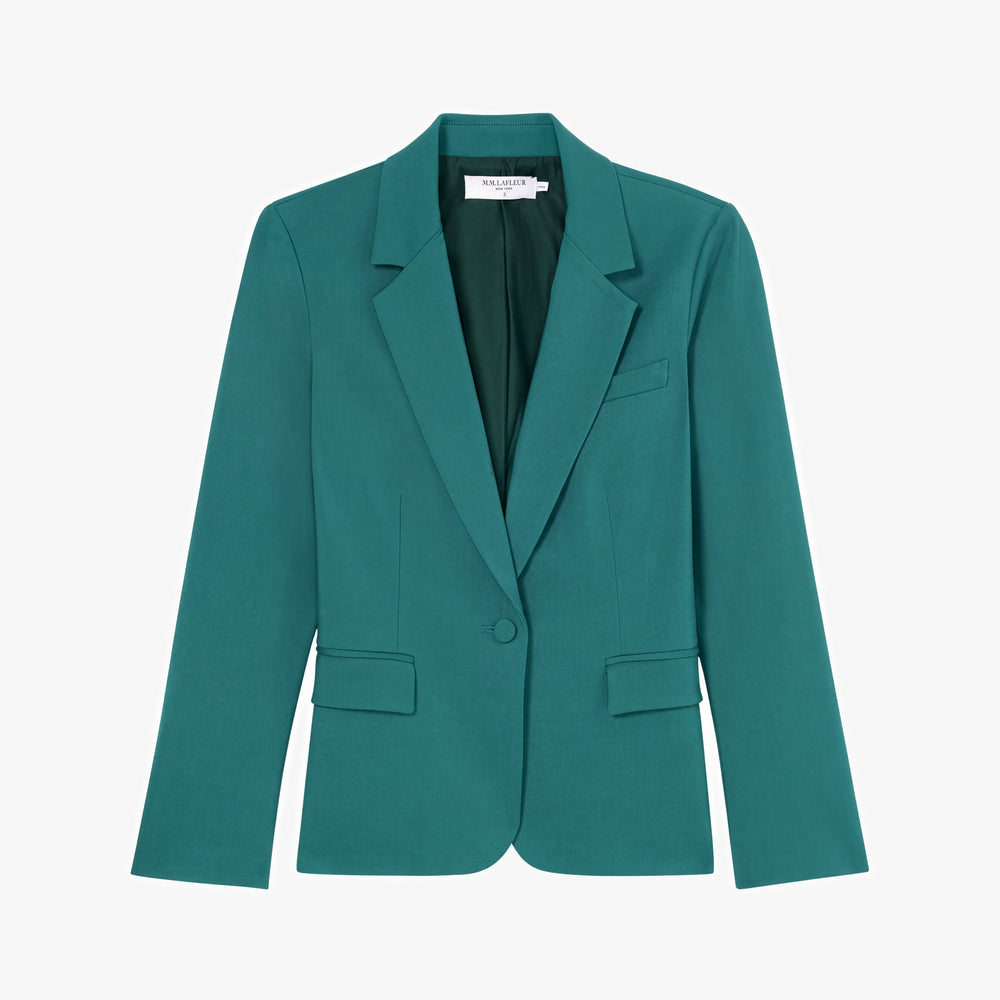 A teal green tailored blazer with notch lapels, a single button closure, and flap pockets, shown flat against a light gray background.