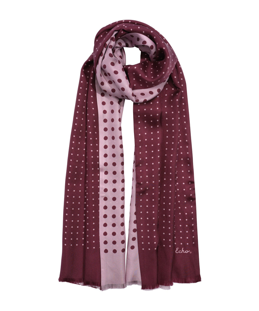 Maroon and pink polka dot scarf with 'Echo' branding on a white background