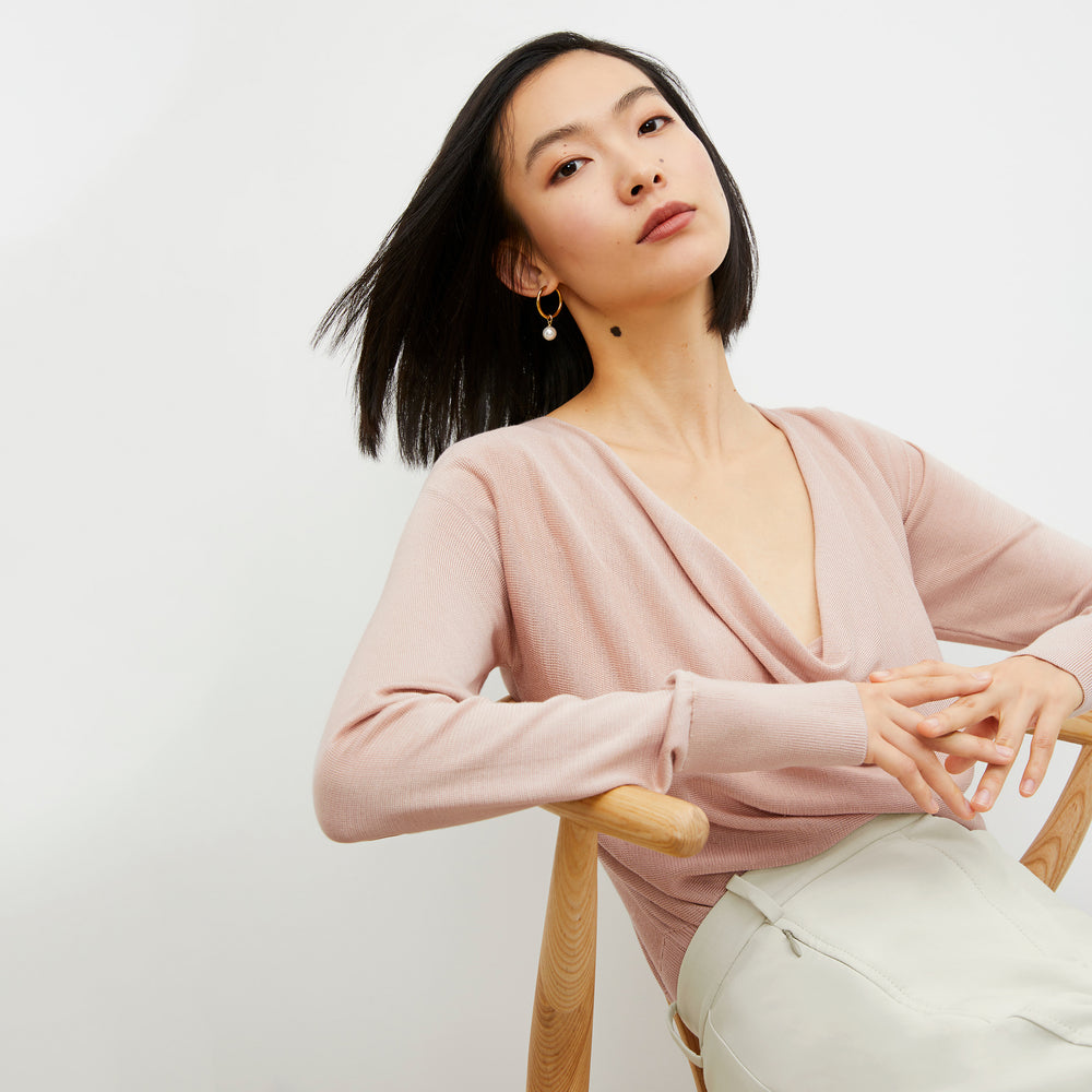 Front image of a woman wearing the Monica Top in Pink Salt