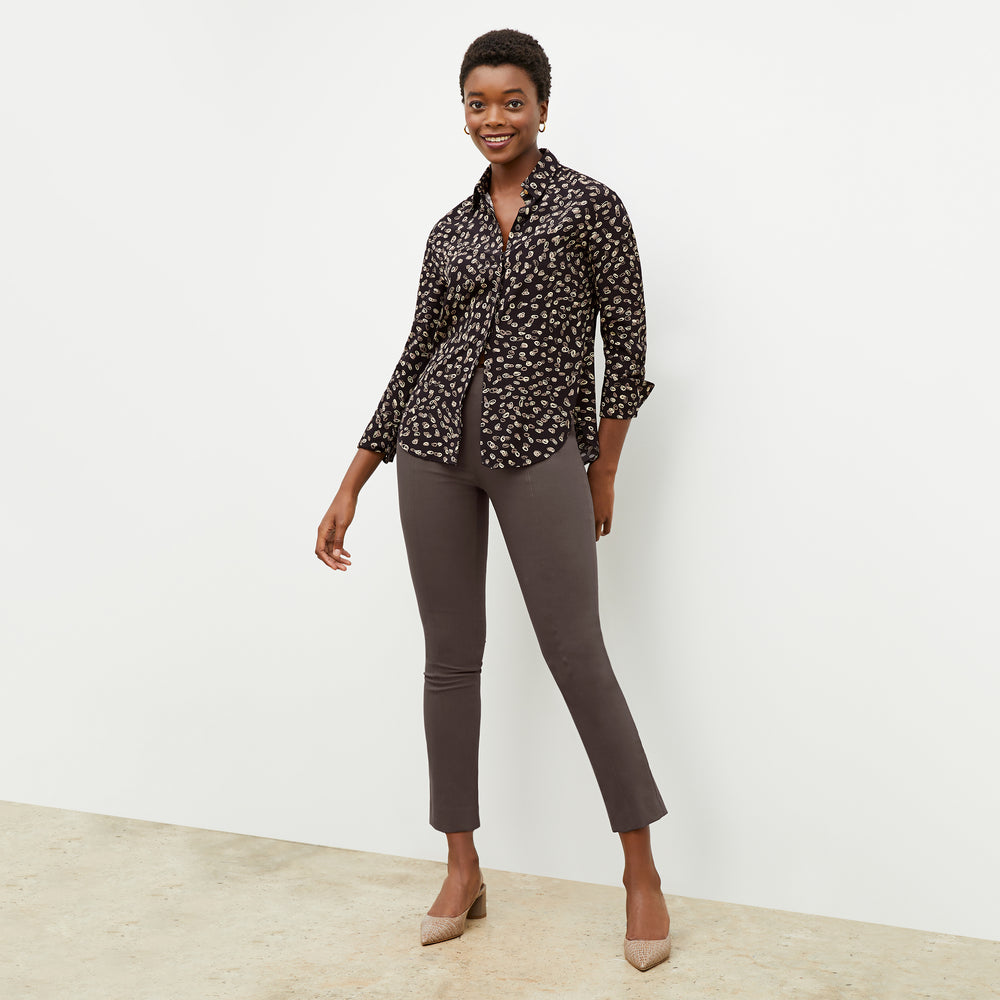 Front image of a woman wearing the Foster Pant in Dark Mink