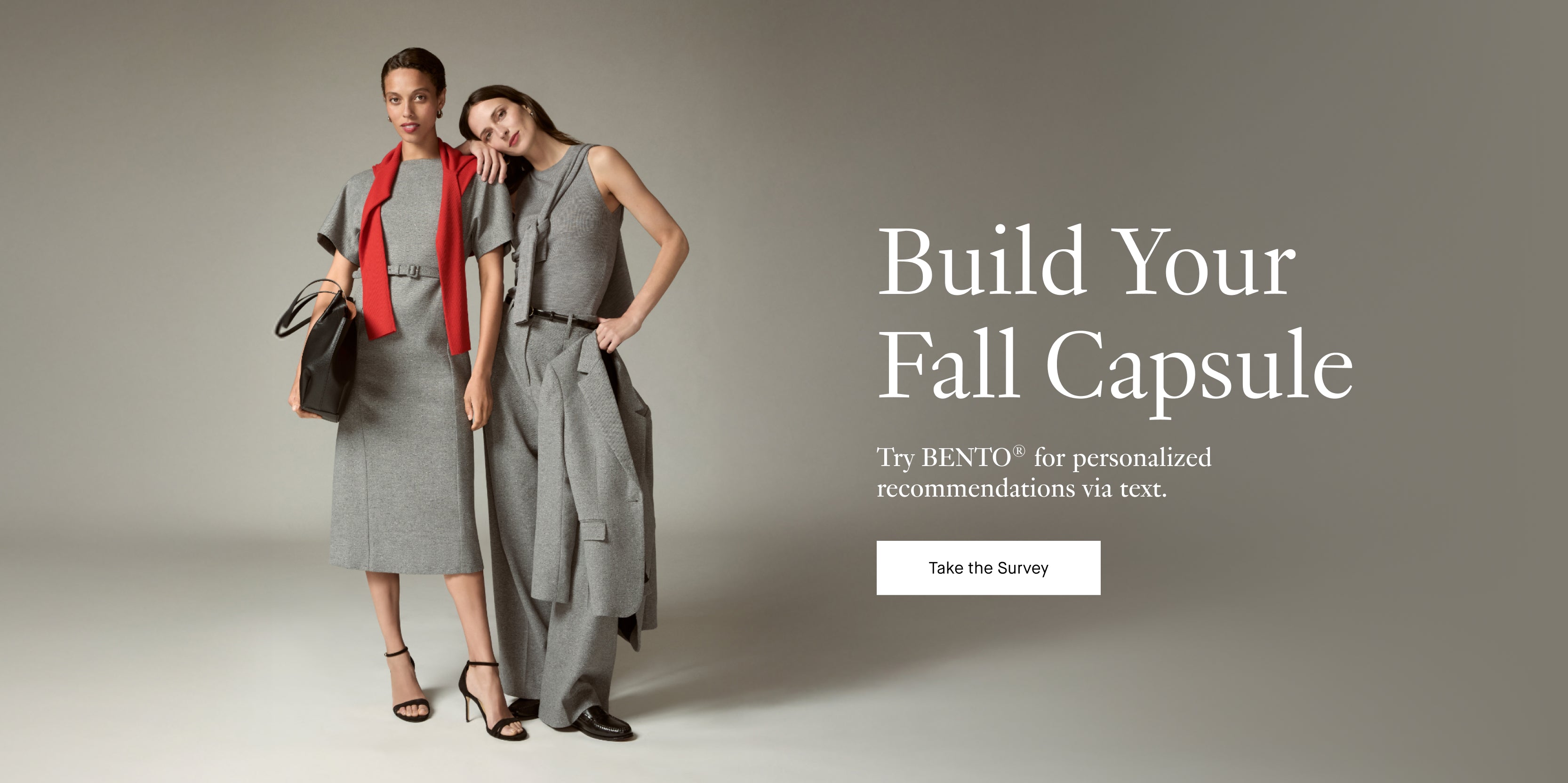 Two women in gray outfits with text promoting a fall capsule wardrobe and BENTO service.