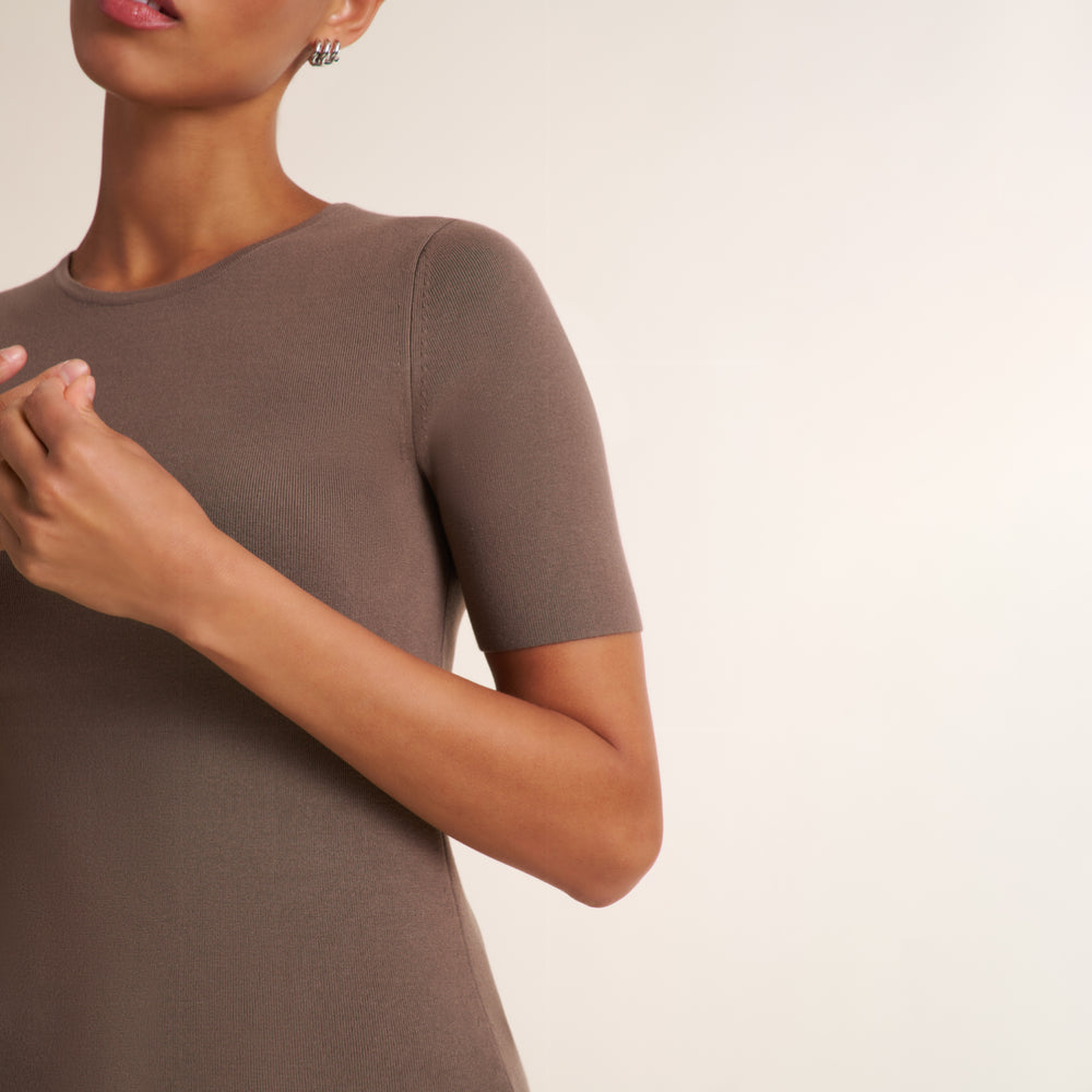 A close-up of a model wearing a short-sleeve crewneck knit top in a muted taupe-brown color, set against a plain off-white background.