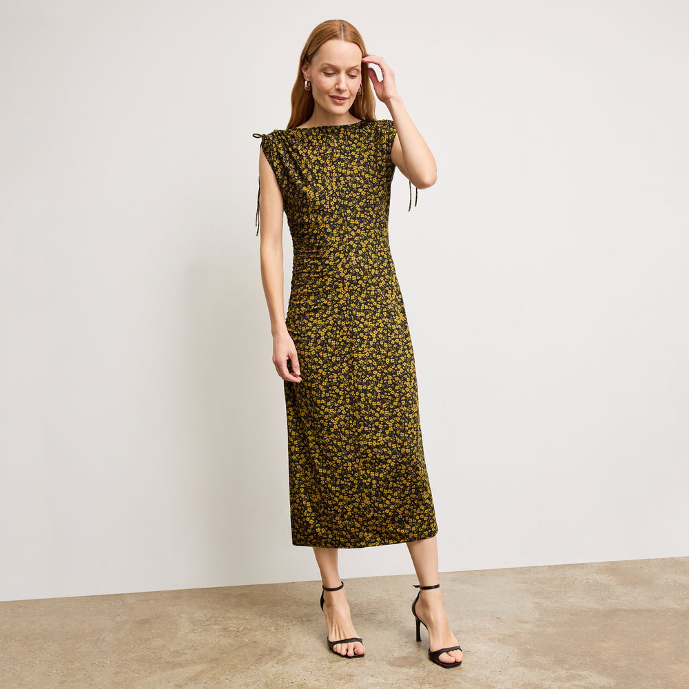 front image of a woman wearing the aisling dress in bloom print