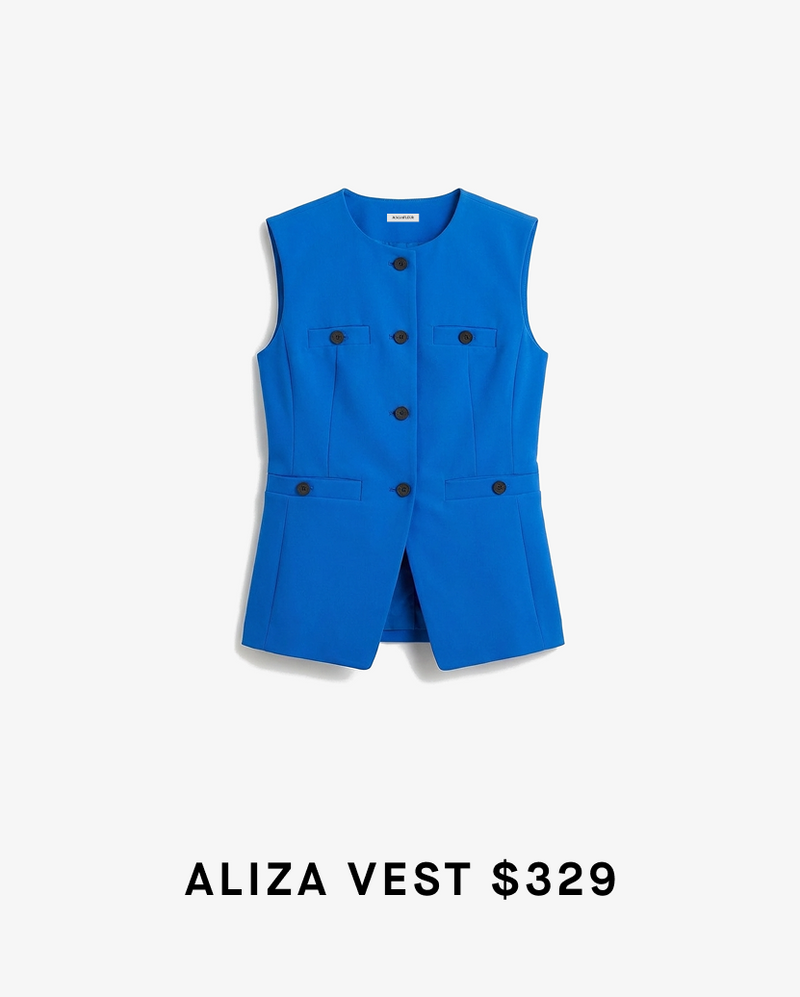 Blue vest with black buttons on a white background, labeled 'Aliza Vest $329'.
