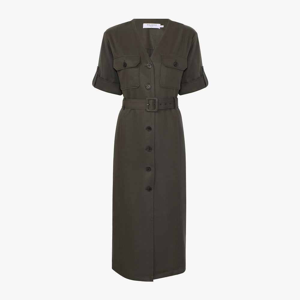 Green dress with short sleeves and a belt on a white background