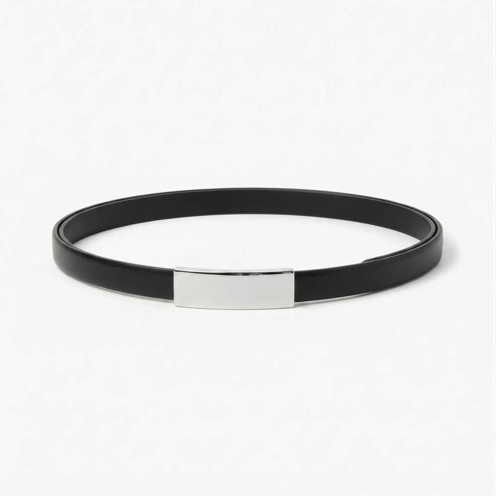 A minimalist black belt with a polished silver rectangular plate in the center, displayed on a clean white background.