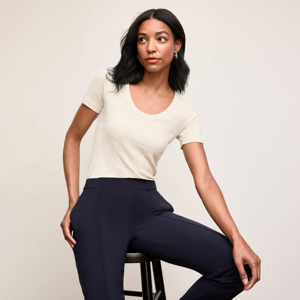 Front image of a woman wearing Avi Scoopneck T-Shirt - Organic Ribbed Pima Cotton :: Beige Melange