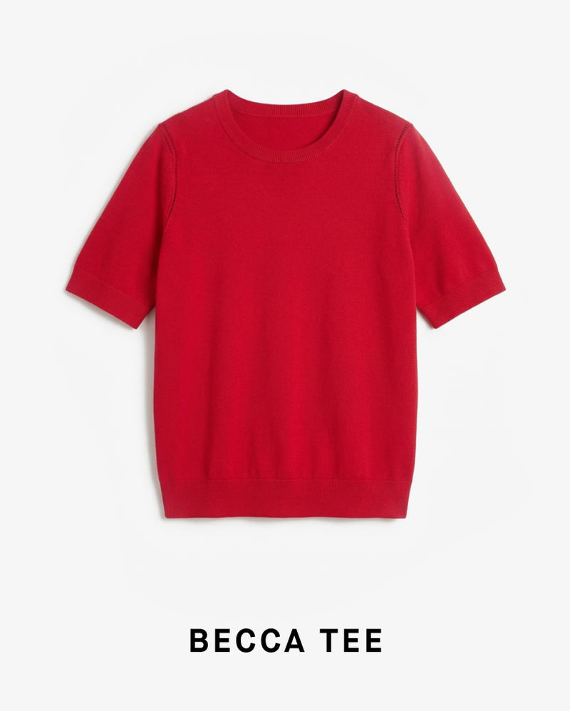 Red t-shirt labeled 'BECCA TEE' on a white background