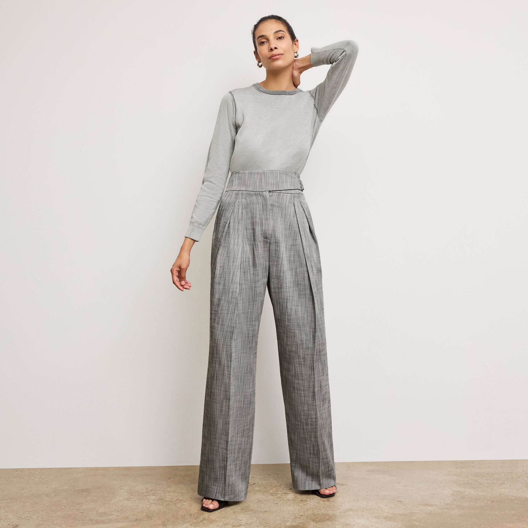 Front image of the bronny pant in Black/White Porto Weave