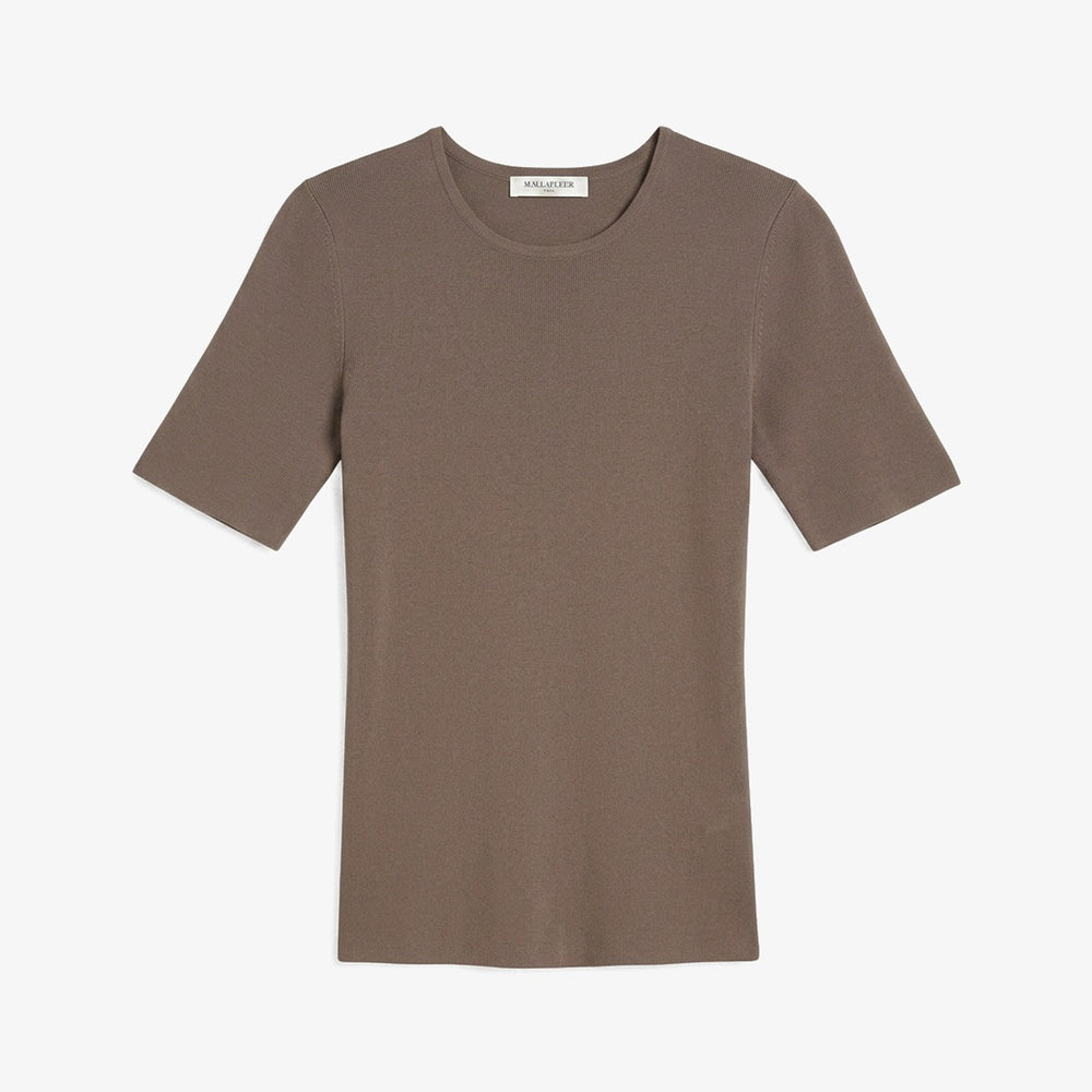 A short-sleeve crewneck knit top in a muted taupe-brown color, displayed flat against a clean white background.