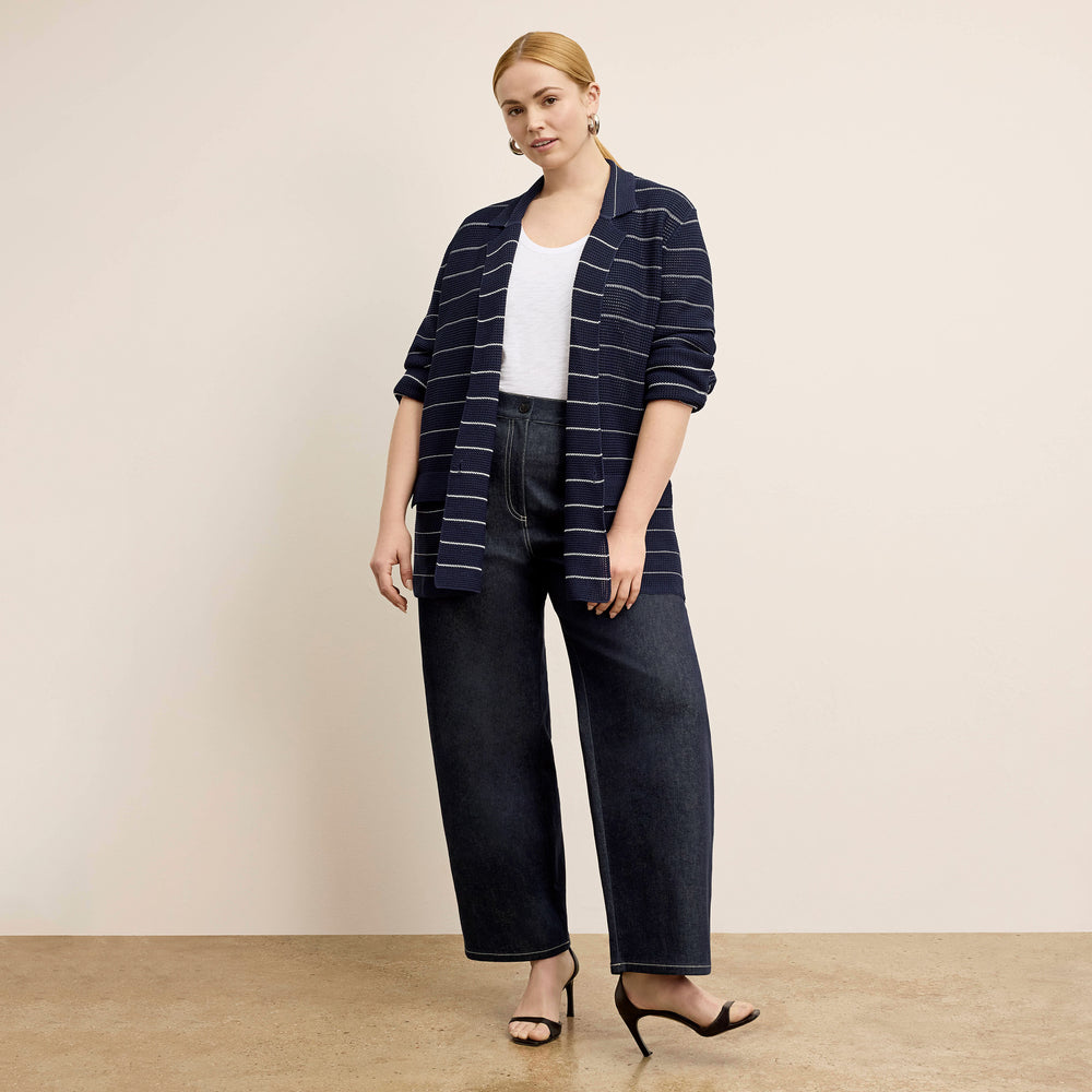 front image of a woman wearing the cody jardigan in dot knit