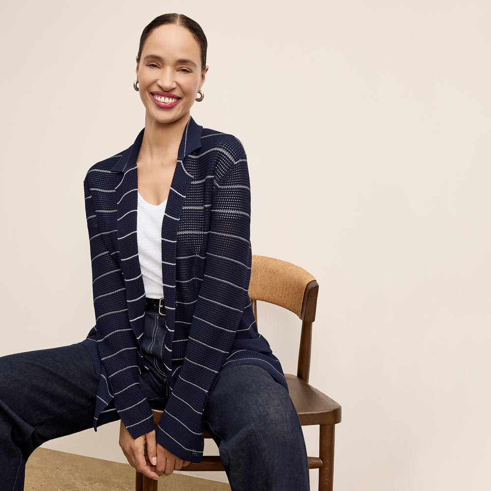 front image of a woman wearing the cody jardigan in dot knit