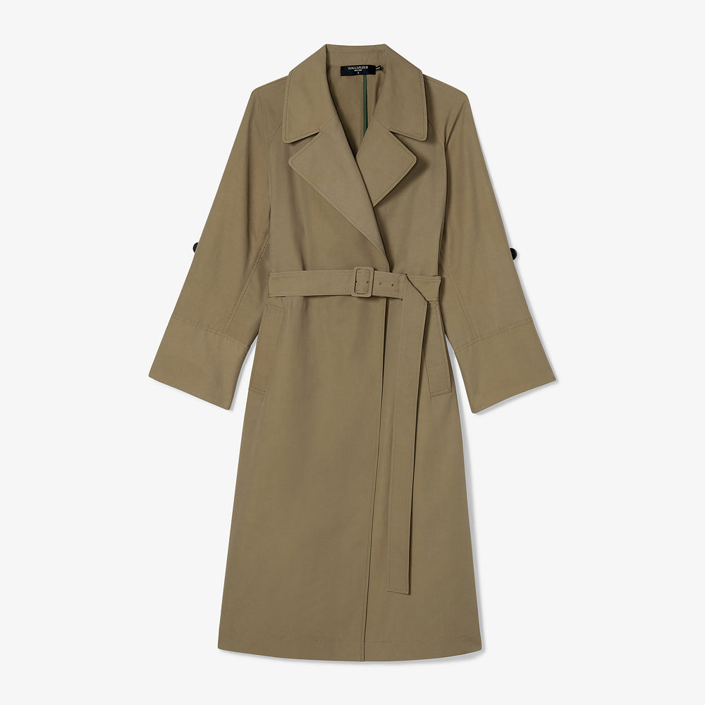 packshot image of the curtis trench in bancha green