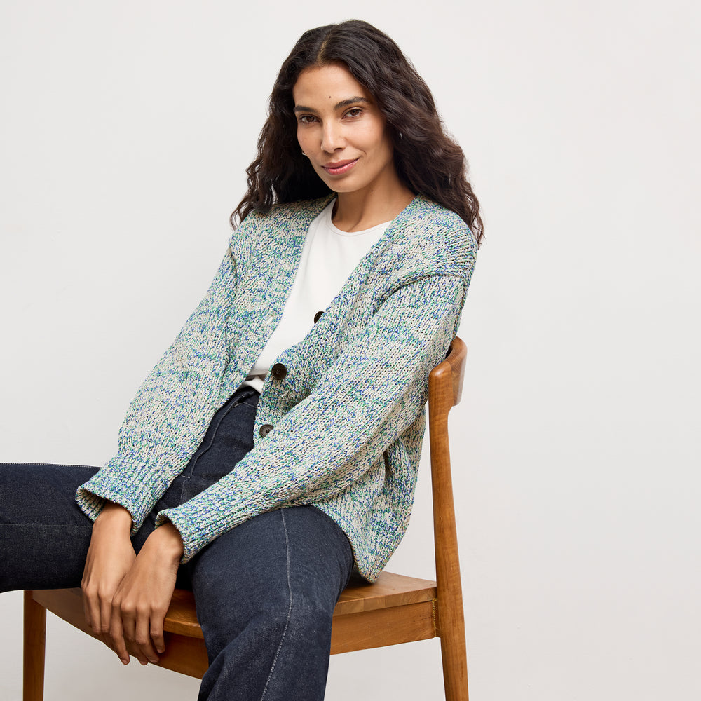 front image of a woman wearing the dakota sweater in multi