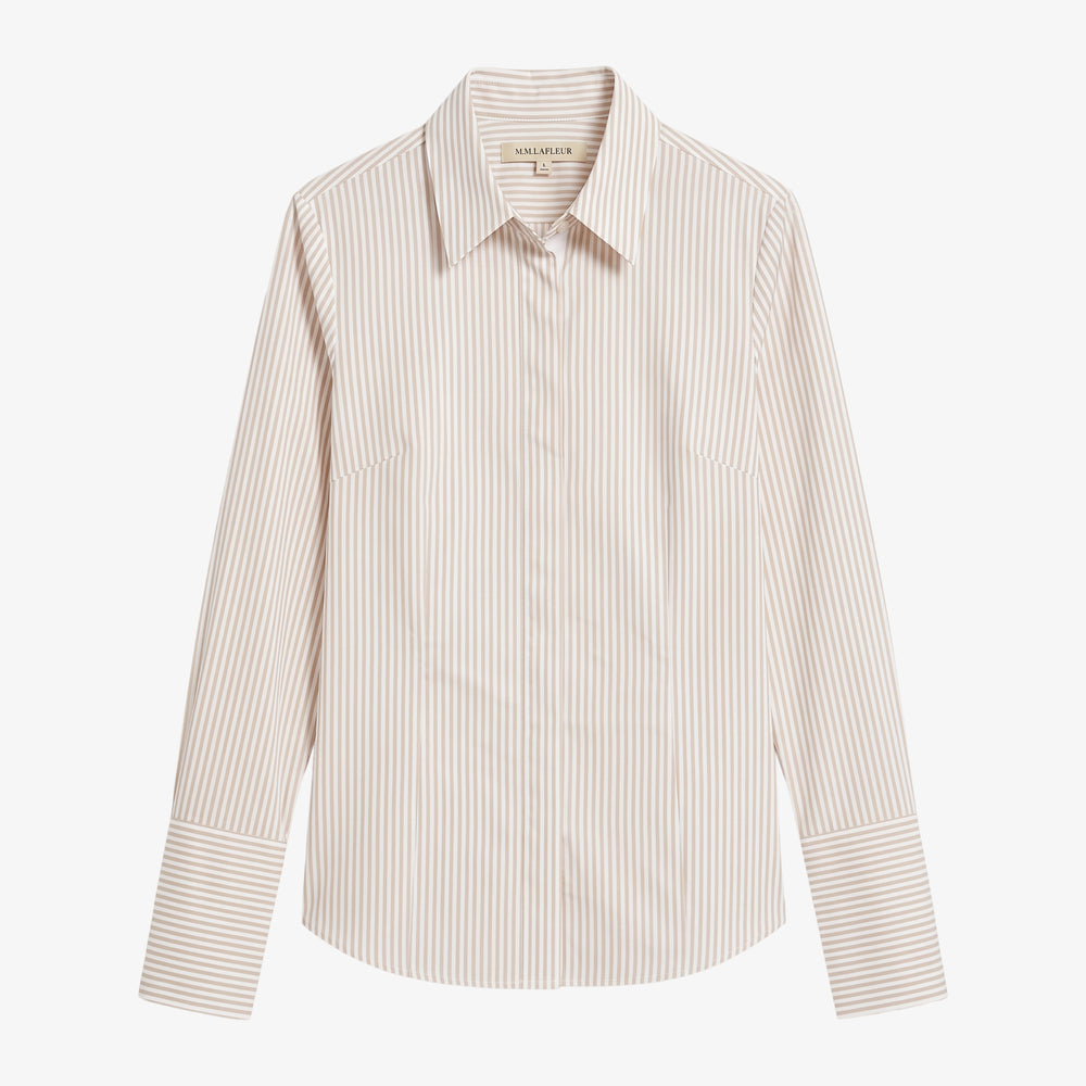 A long-sleeve button-up shirt featuring a fine vertical stripe pattern in beige and white, with a pointed collar and buttoned cuffs.