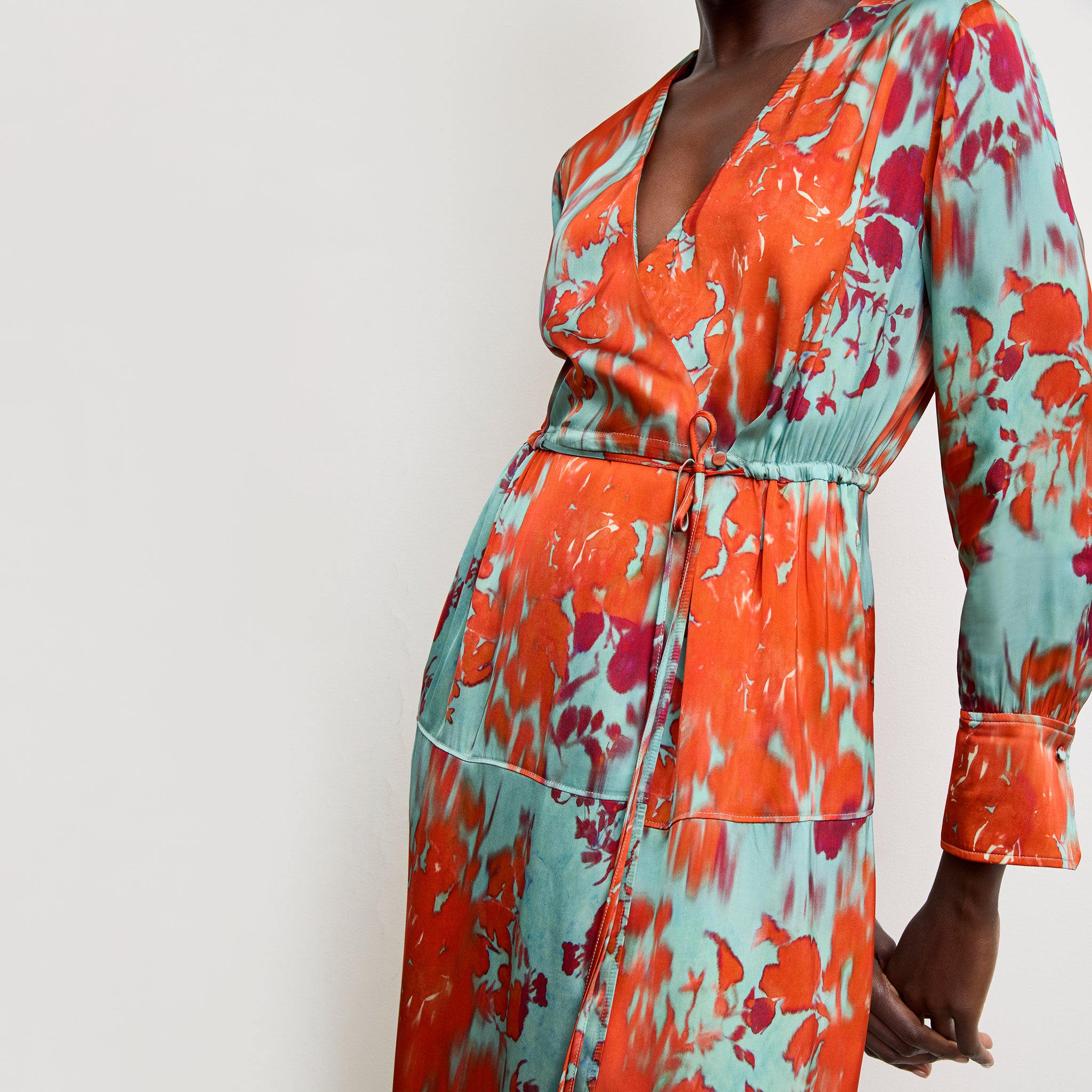 Front image of a woman wearing the Deana Dress in Ombre Floral Printed Viscose