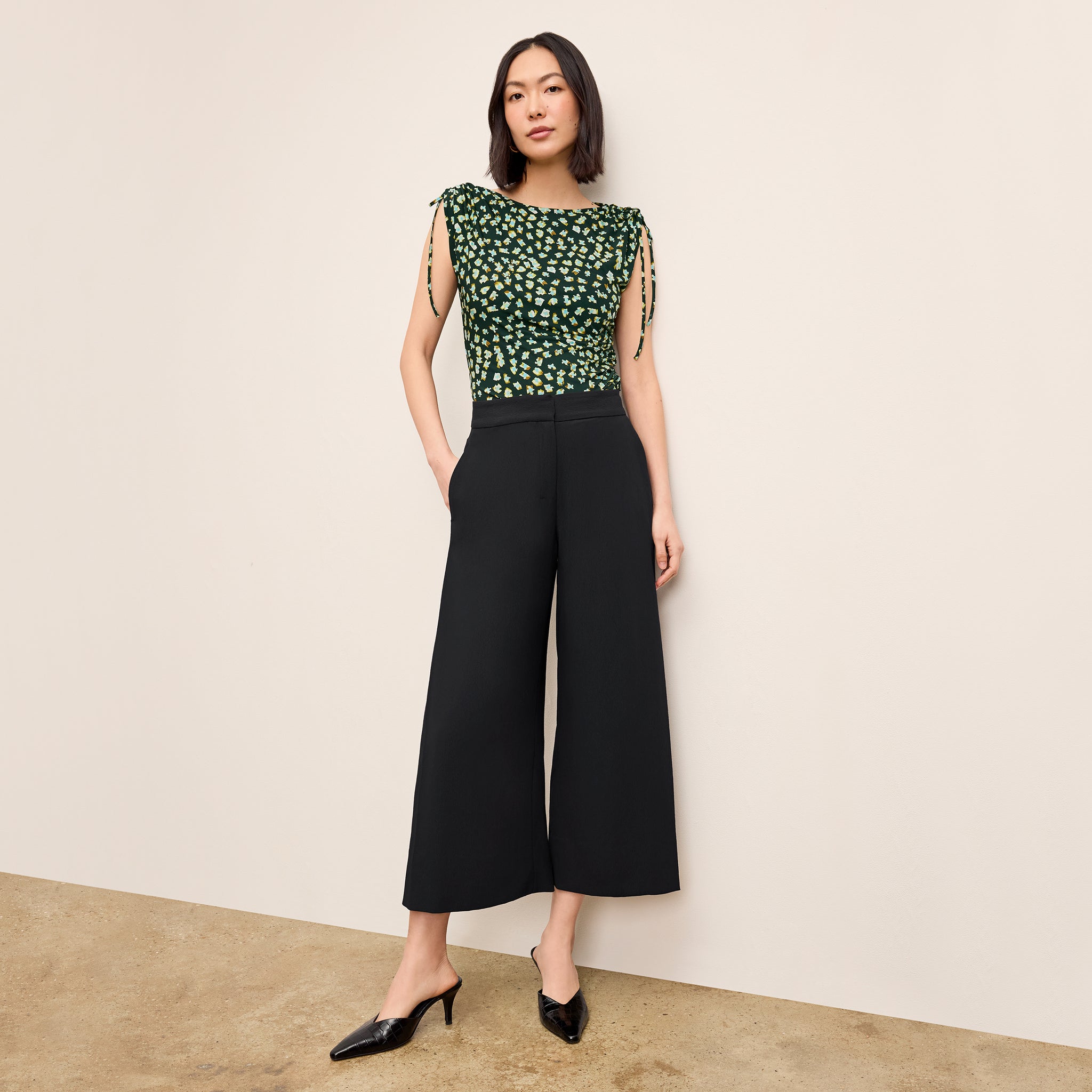 Front image of a woman wearing the Zhou Culotte - Eco Soft Wave :: Black