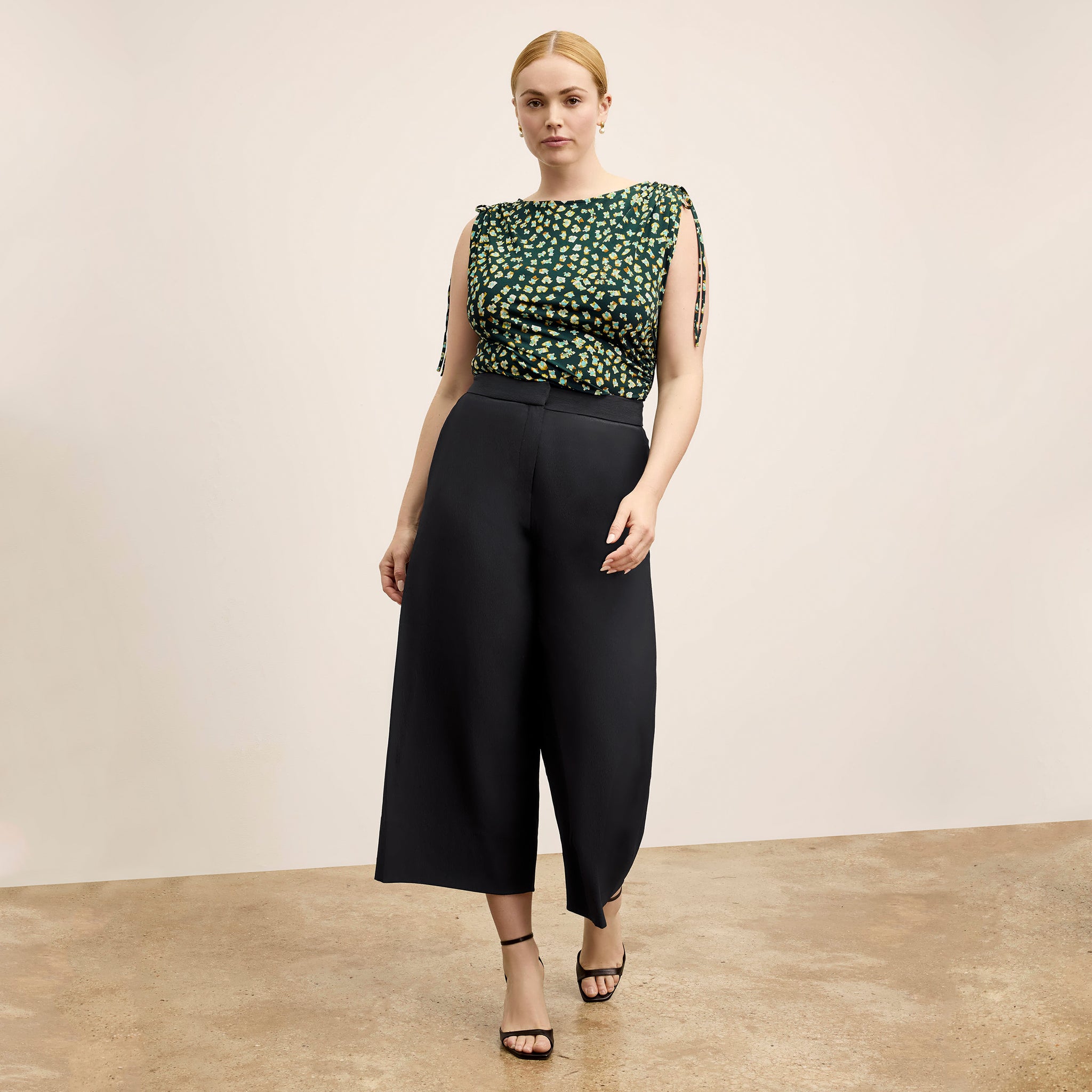 Front image of a woman wearing the Zhou Culotte - Eco Soft Wave :: Black