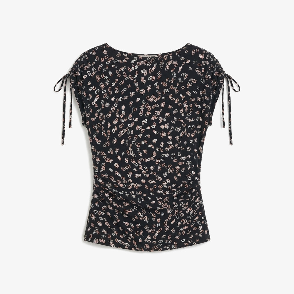 Black floral patterned top with tie sleeves on a white background