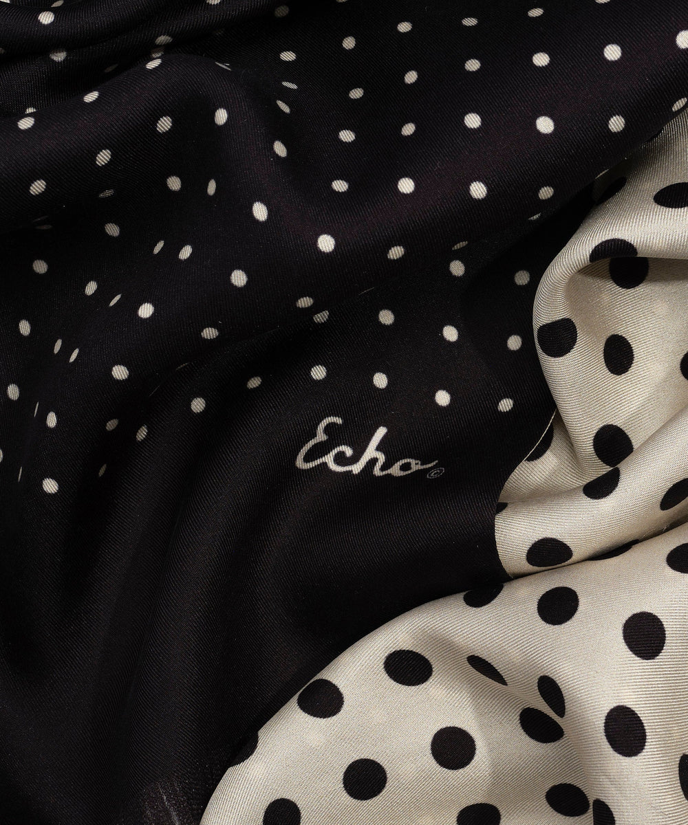 Close-up of black and white polka dot fabric with 'Echo' branding.