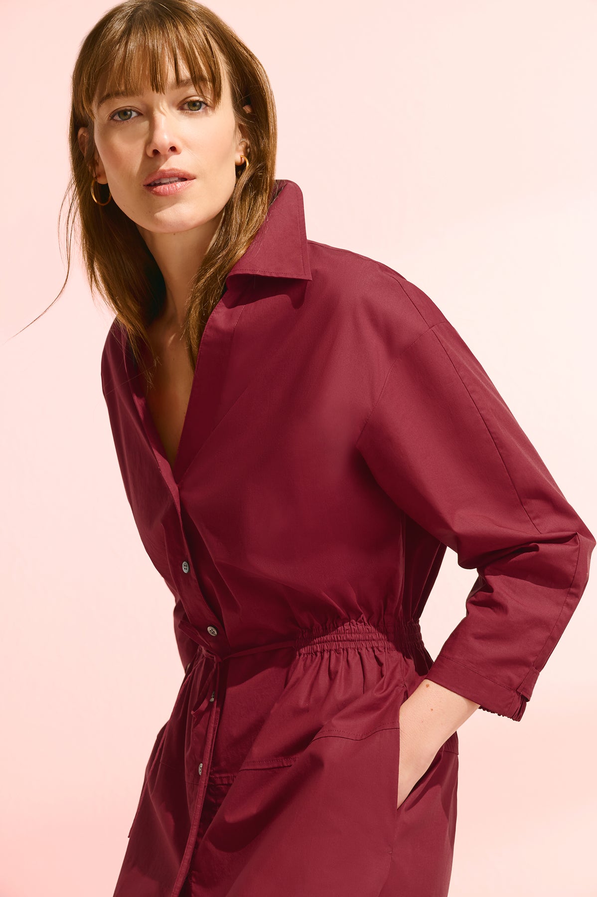 front image of a woman wearing the boden dress in cinnabar 